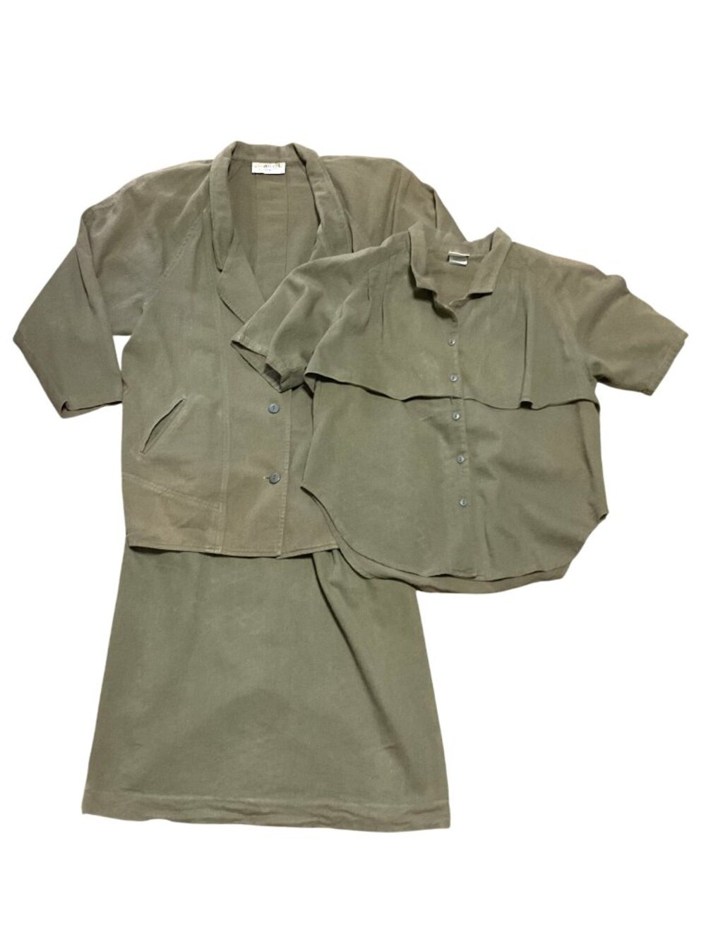 Vtg City Girl 3 Piece Skirt Suit Sz M Olive Green 100% Cotton Made In USA Womens